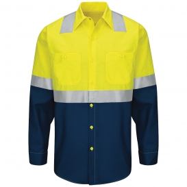 Red Kap SY14 Hi-Visibility Colorblock Ripstop Work Shirt - Long Sleeve - Fluorescent Yellow/Green and Navy