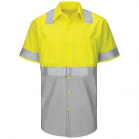 Red Kap SY24 Hi-Visibility Colorblock Ripstop Work Shirt - Short Sleeve - Fluorescent Yellow/Green and Gray