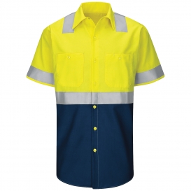 Red Kap SY24 Hi-Visibility Colorblock Ripstop Work Shirt - Short Sleeve - Fluorescent Yellow/Green and Navy