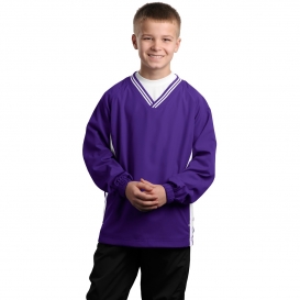 Sport-Tek YST62 Youth Tipped V-Neck Raglan Wind Shirt - Purple/White