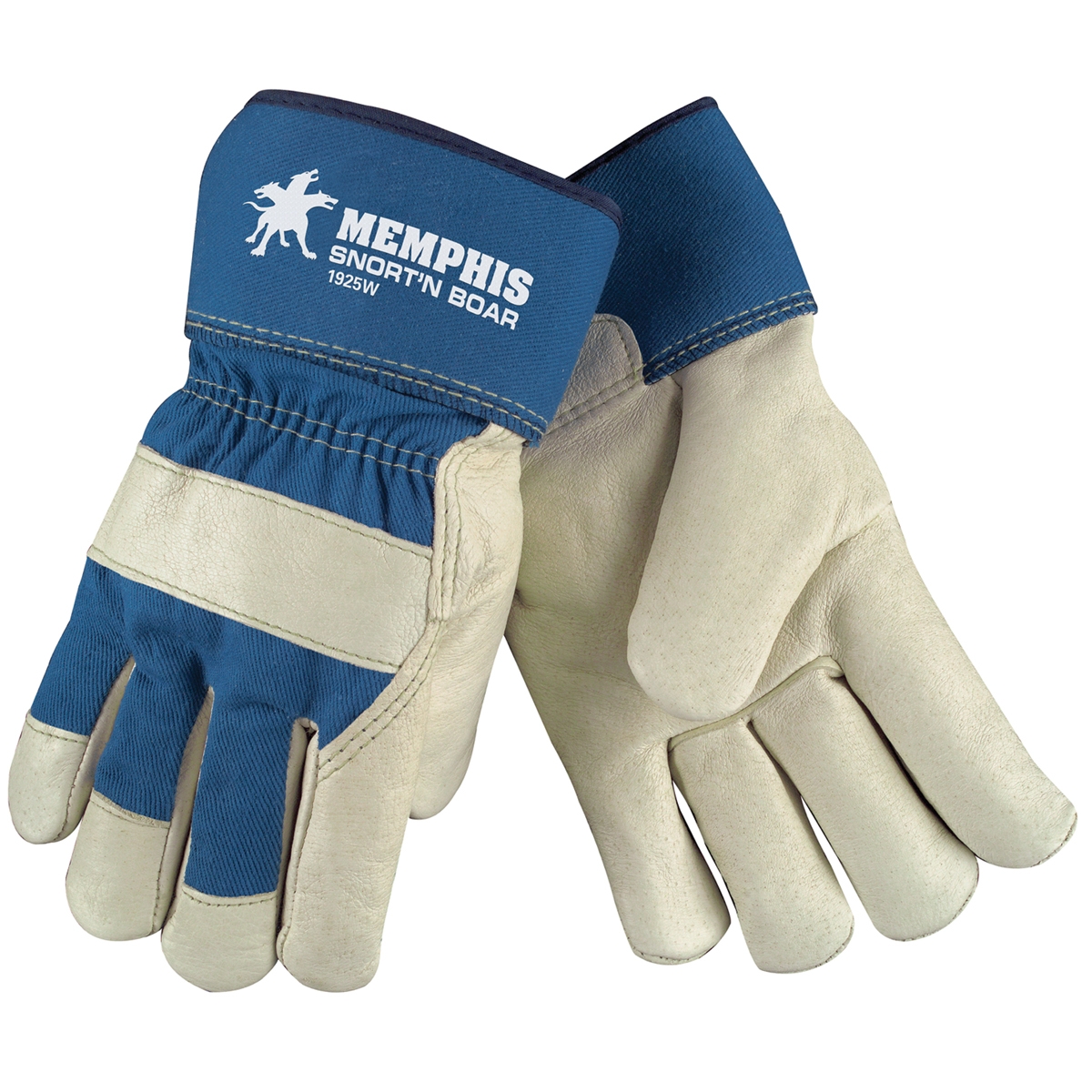 Dark Blue Fabric Back Pig Grain Leather Construction Work Gloves