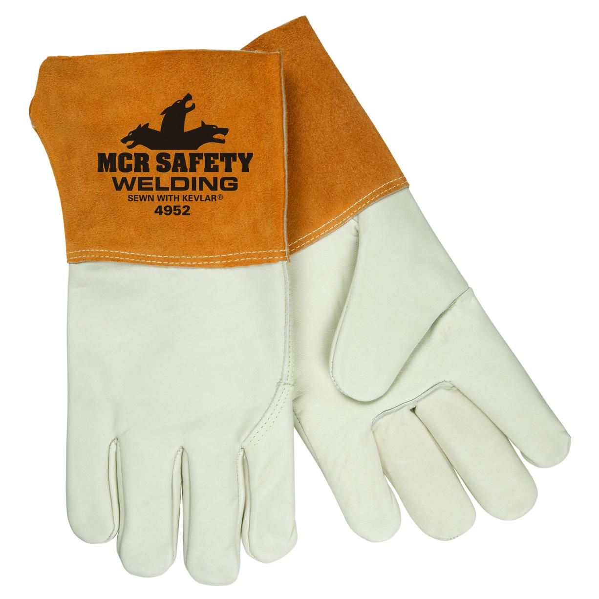 Large Cream MCR Safety 4950L Mustang Premium Grain Cow MIG/TIG Welder Mens Gloves with Gauntlet Split Leather Cuff 1-Pair 