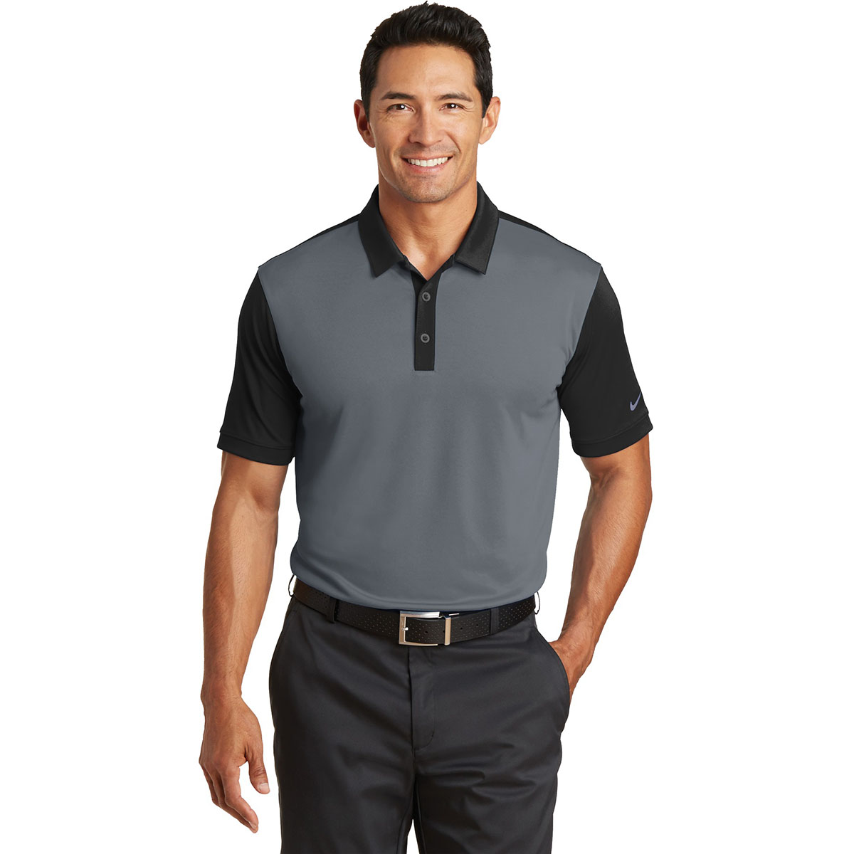 black polo gray pants