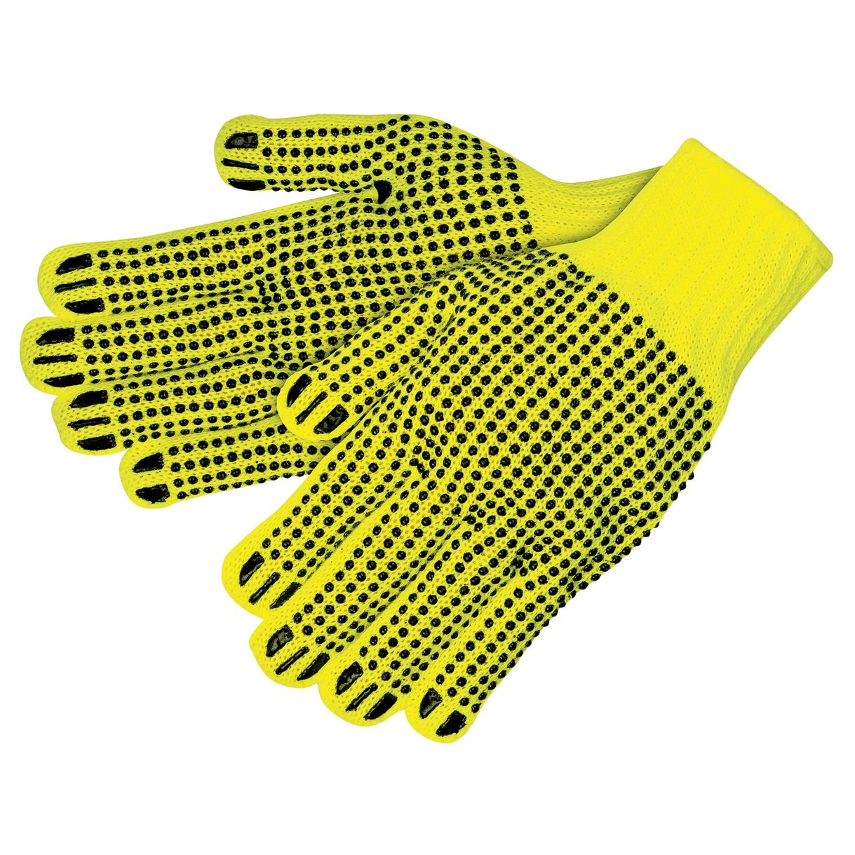 yellow gloves with black dots