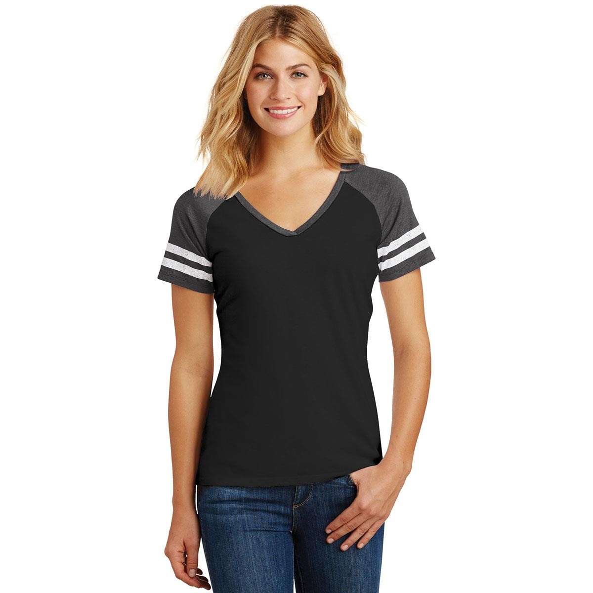 District Made DM476 Ladies Game V-Neck Tee - Black/Heathered Charcoal ...