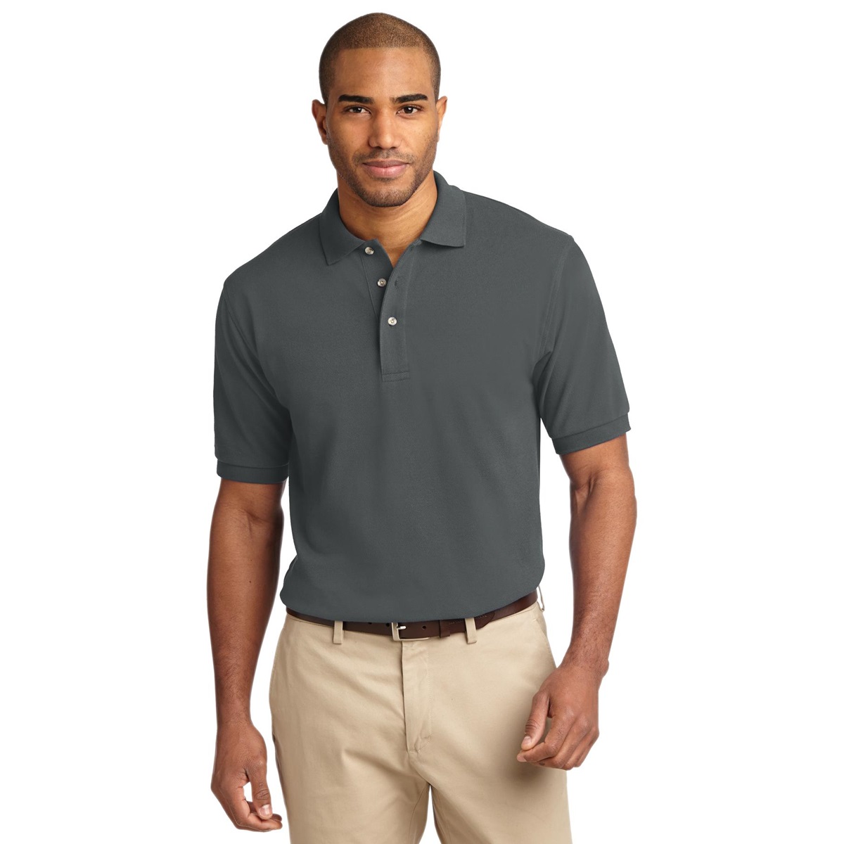 gray polo with khaki pants