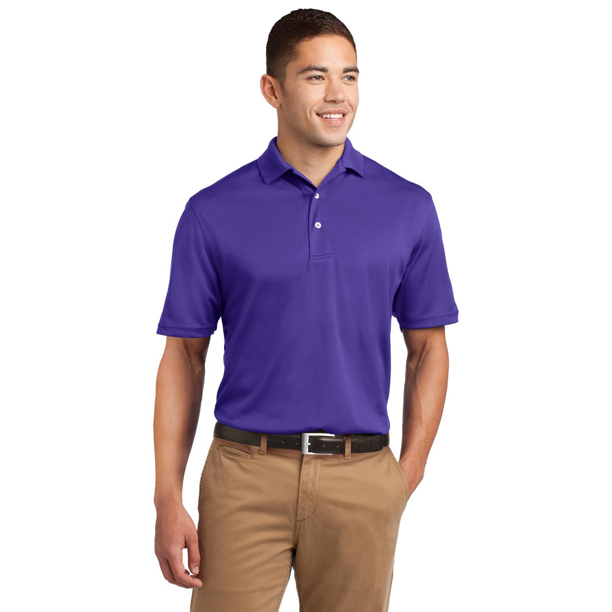 tan pants purple shirt