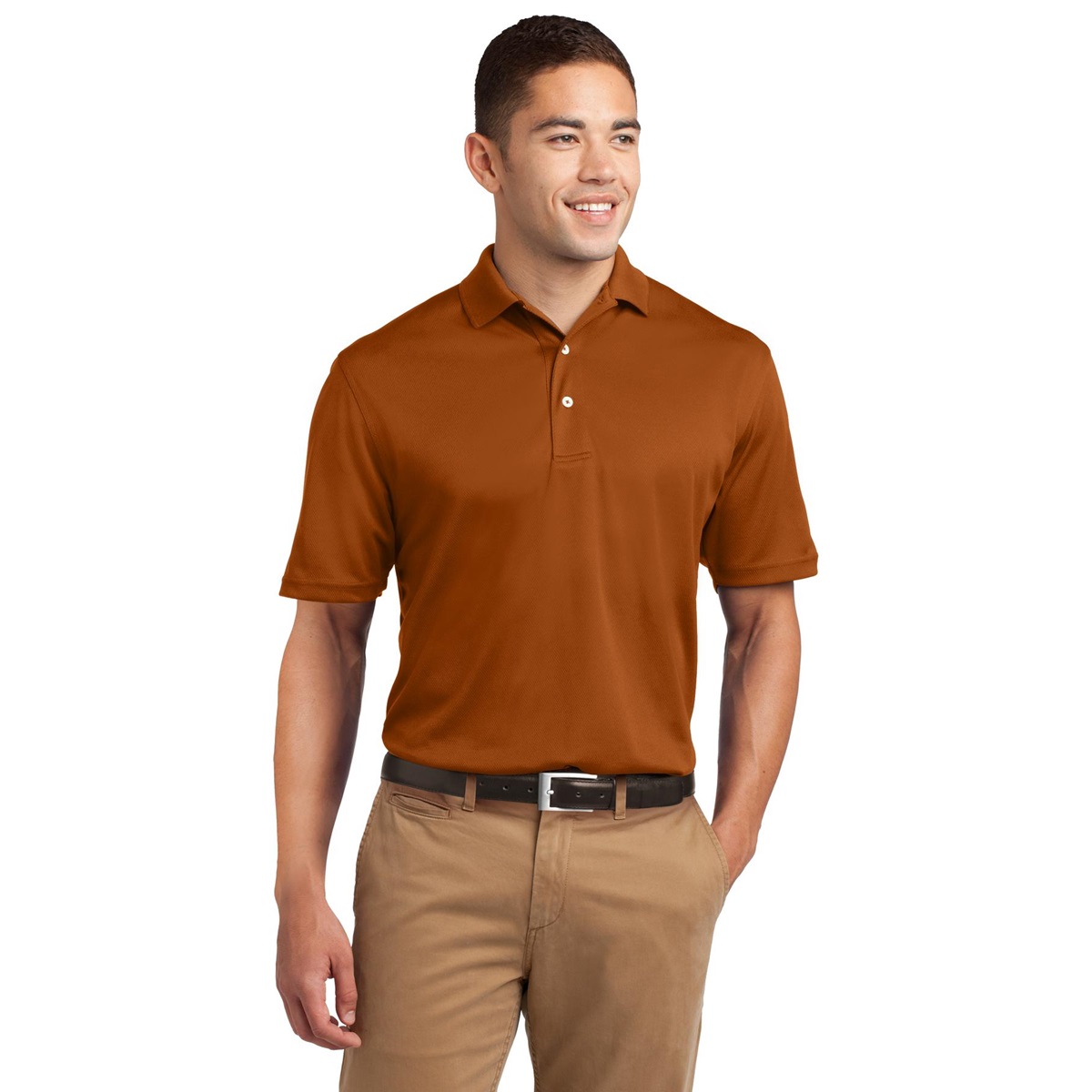 brown pants orange shirt