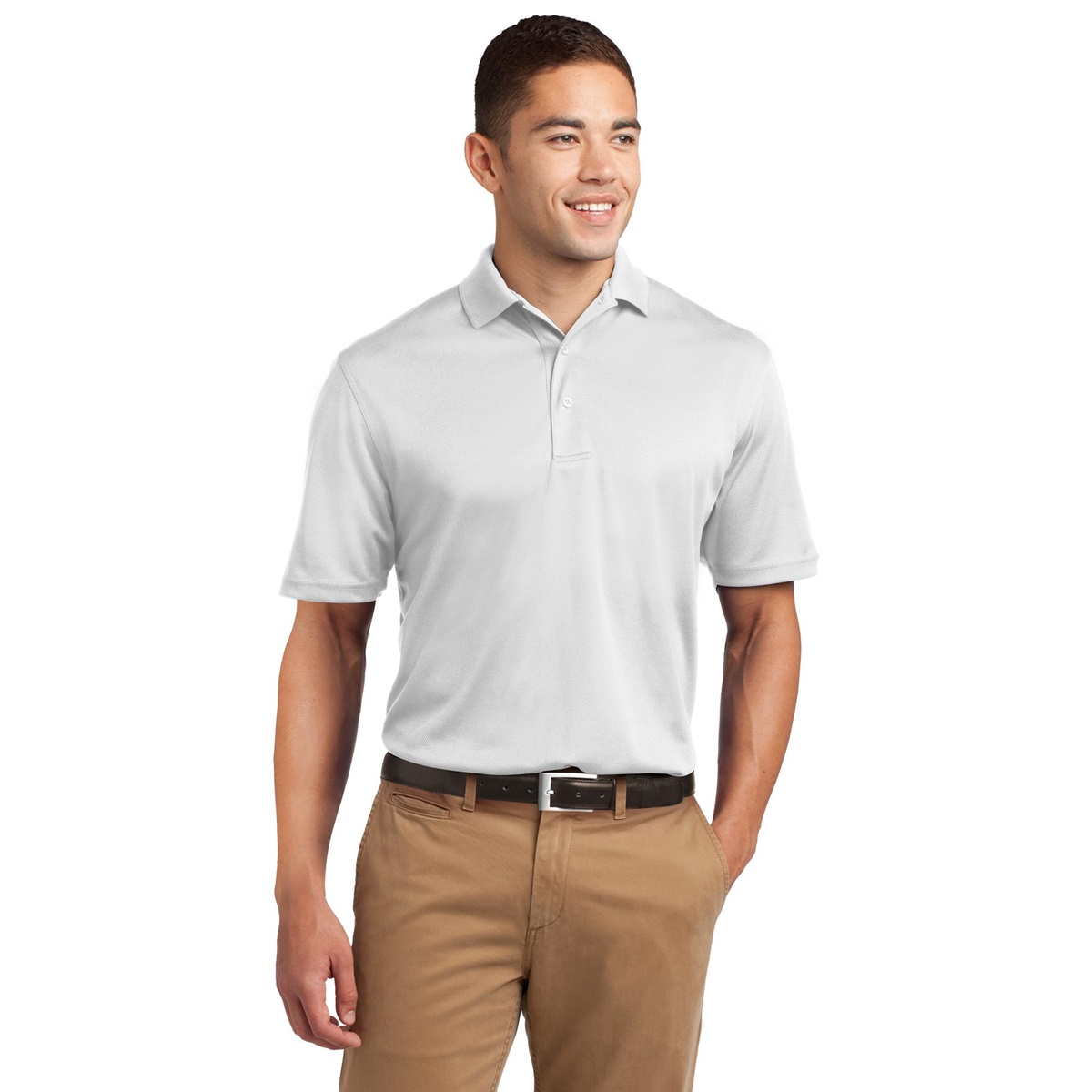 white polo shirt and khaki pants