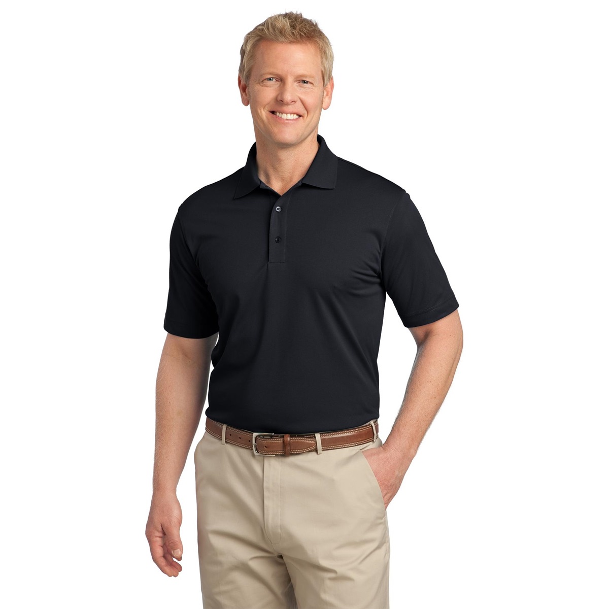 black polo shirt and khaki pants