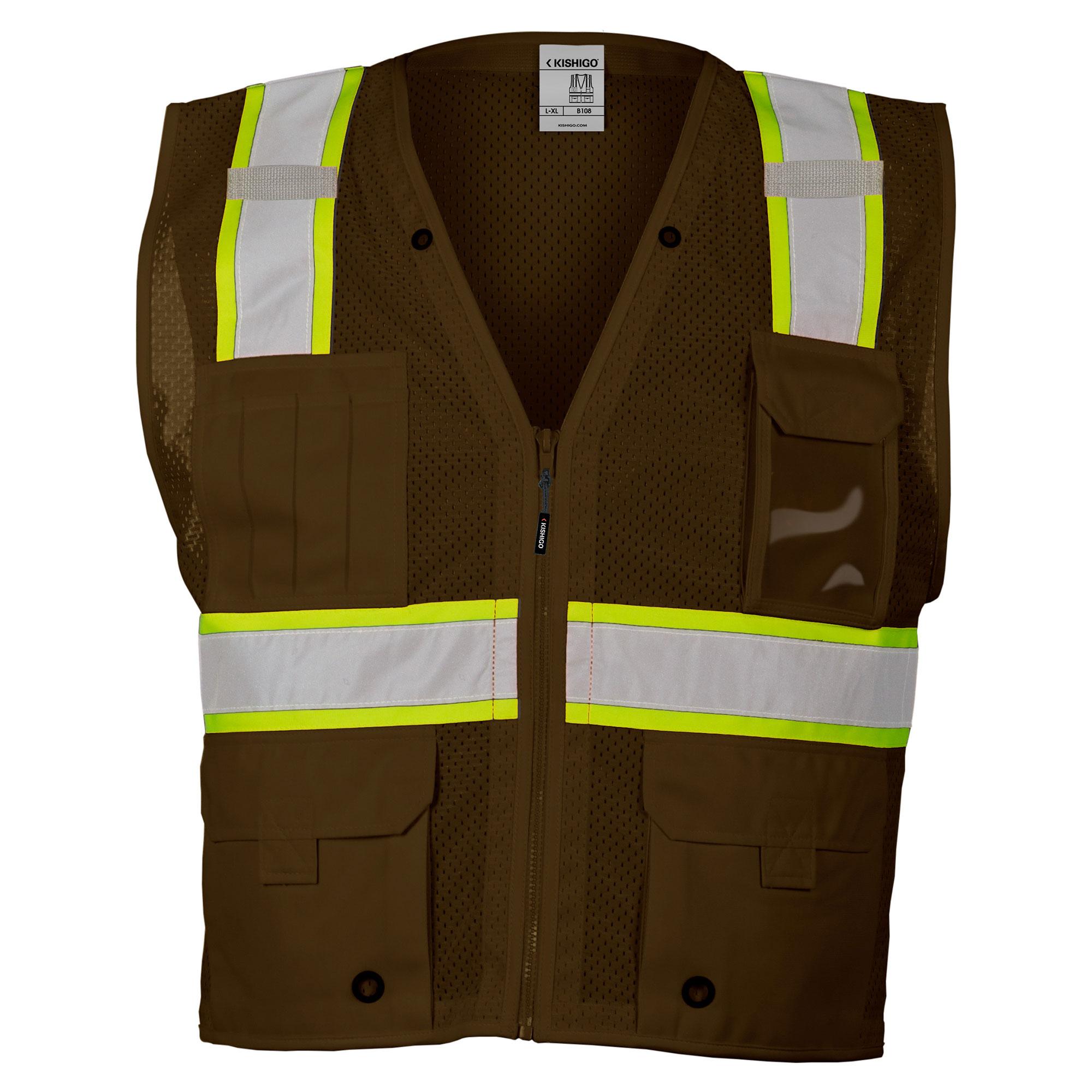 Kishigo B108 Enhanced Visibility MultiPocket Mesh Vest Brown Full