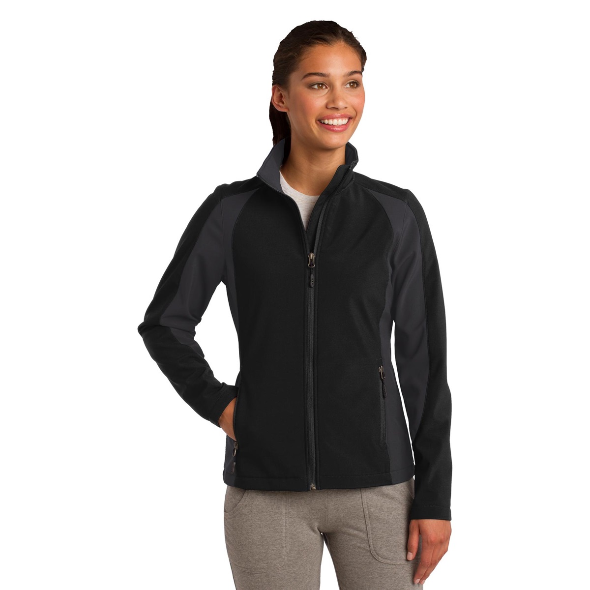 Sport-Tek LST970 Ladies Colorblock Soft Shell Jacket - Black/Iron Grey ...