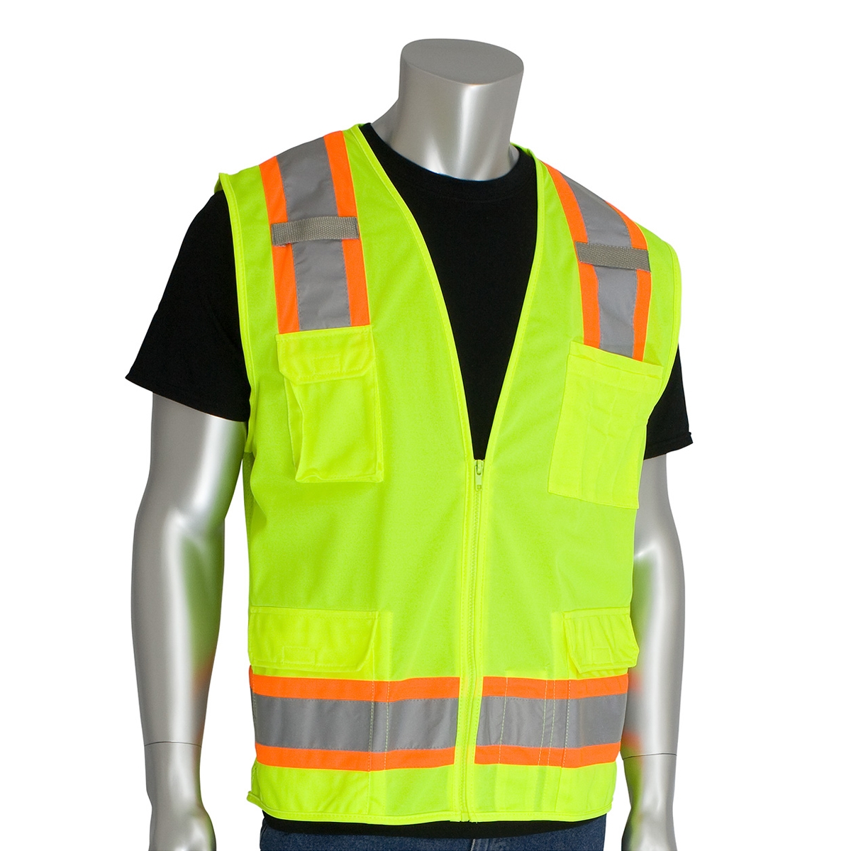 PIP 302-0500 Type R Class Two-Tone Surveyor Safety Vest with Six Pockets  Yellow/Lime Full Source