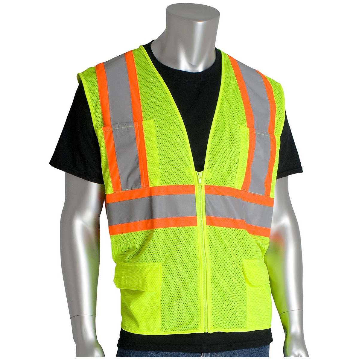Pip Vests PIP 302-MVZP Type R Class 2 Two-Tone Mesh Safety Vest with Six Pockets ...