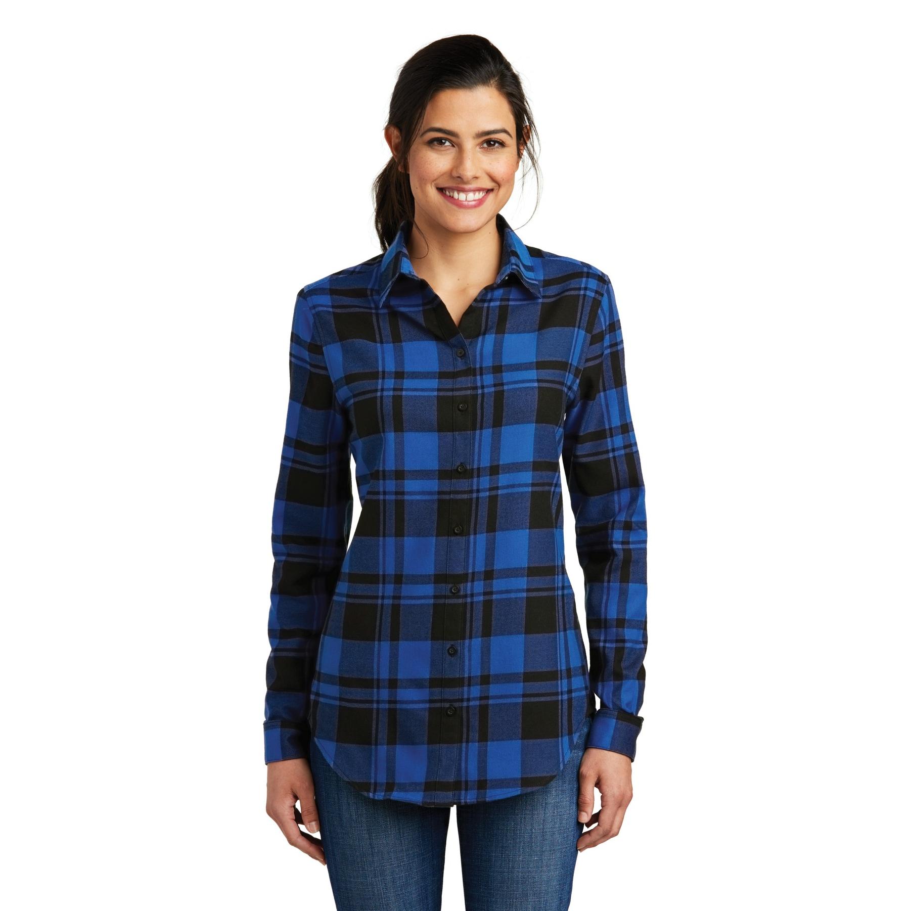 Port Authority LW668 Ladies Plaid Flannel Shirt - Royal/Black | Full Source