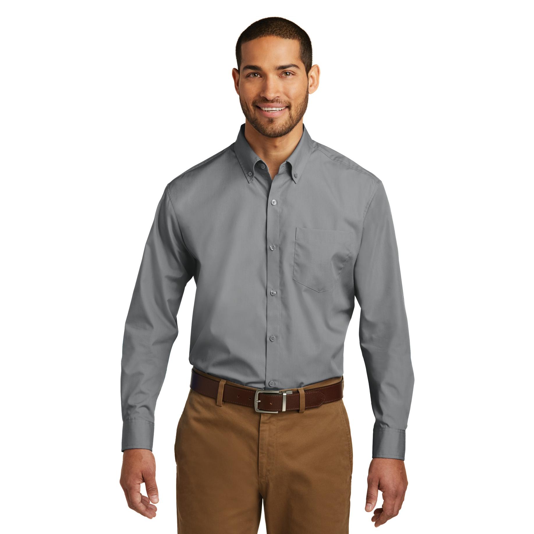 gray shirt with brown pants