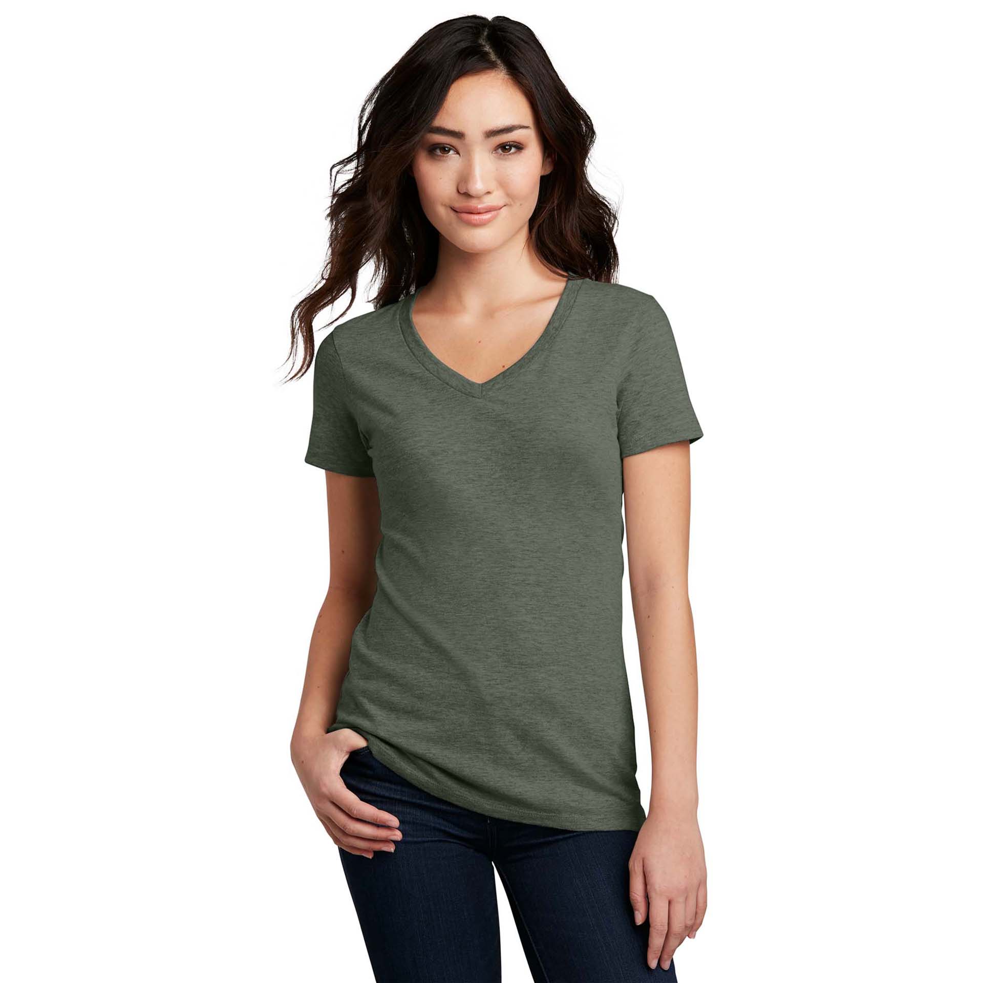 District DM1190L Women's Perfect Blend V-Neck Tee - Heathered Olive ...