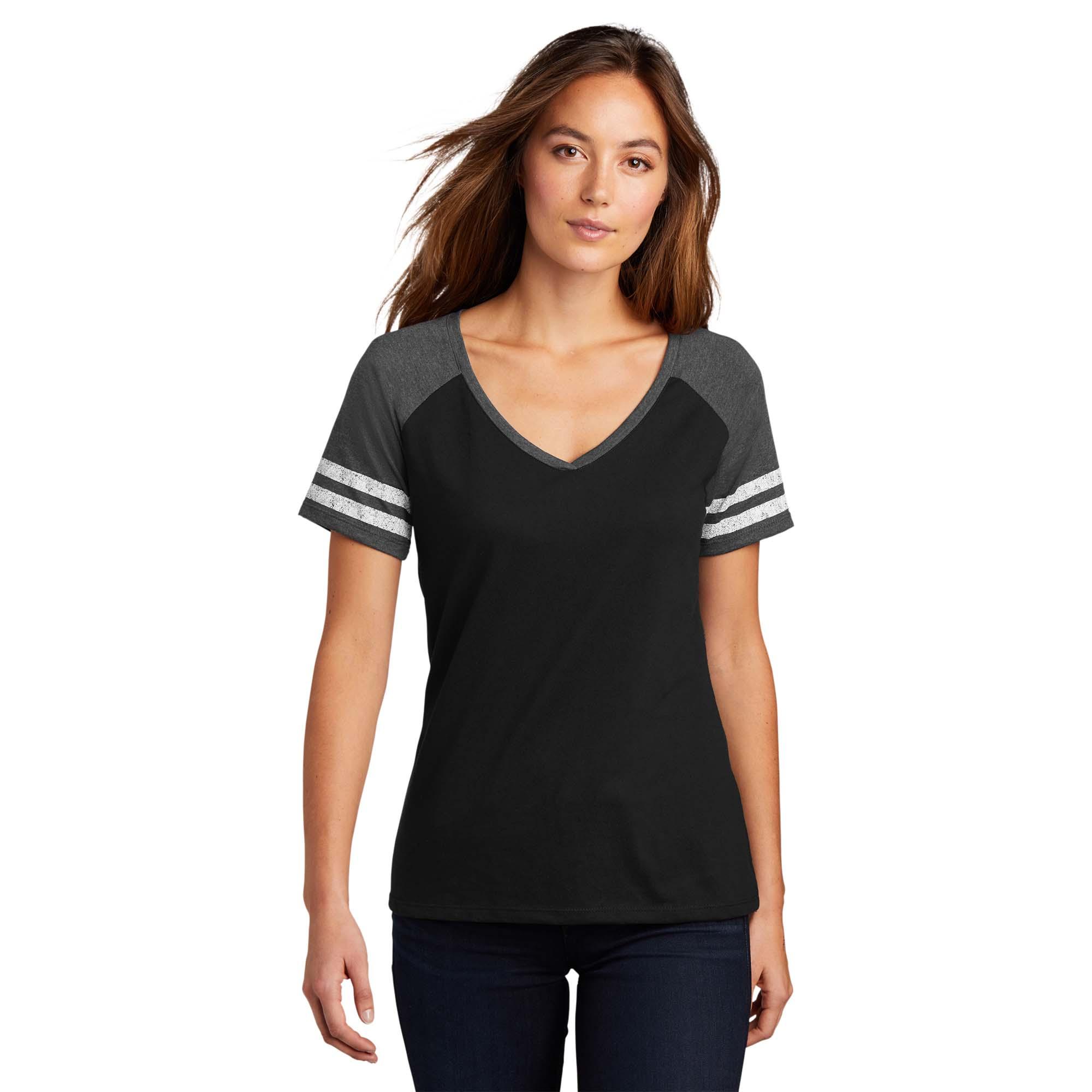 District DM476 Women's Game V-Neck Tee - Black/Heathered Charcoal ...
