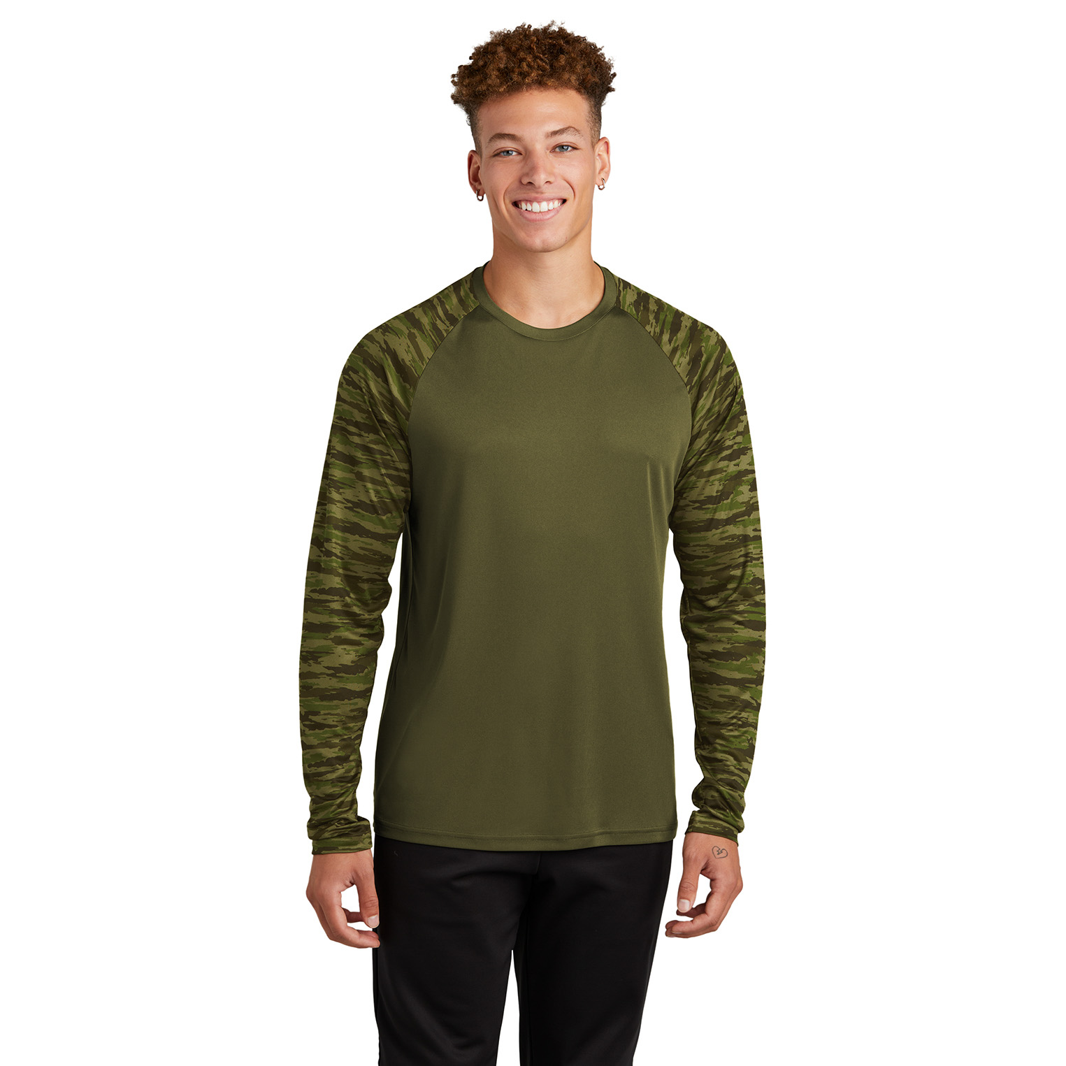 Sport-Tek ST376LS Drift Camo Colorblock Long Sleeve Tee - Olive Drab ...