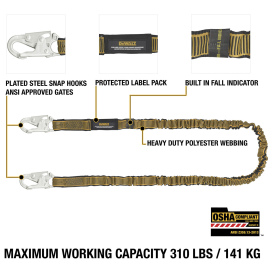 DEWALT DXFP612111 6ft Single Leg Lanyard Internal Absorber w/ Steel Snap Hooks