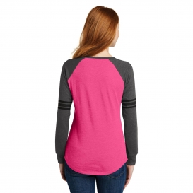 District DM477 Women\'s Game Long Sleeve V-Neck Tee - Heathered Dark Fuchsia/Heathered Charcoal/Black