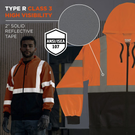 Ergodyne GloWear 8312BK Type R Class 3 Essential Black Bottom Zipper Hooded Sweatshirt - Orange