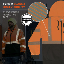 Ergodyne GloWear 8318BK Type R Class 3 Performance Black Bottom Zipper Hooded Sweatshirt - Orange