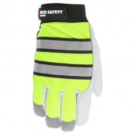 MCR Safety 968 Mechanics Gloves - Insulated Grain Goatskin - Hi-Vis Lime w/ Reflective Stripe