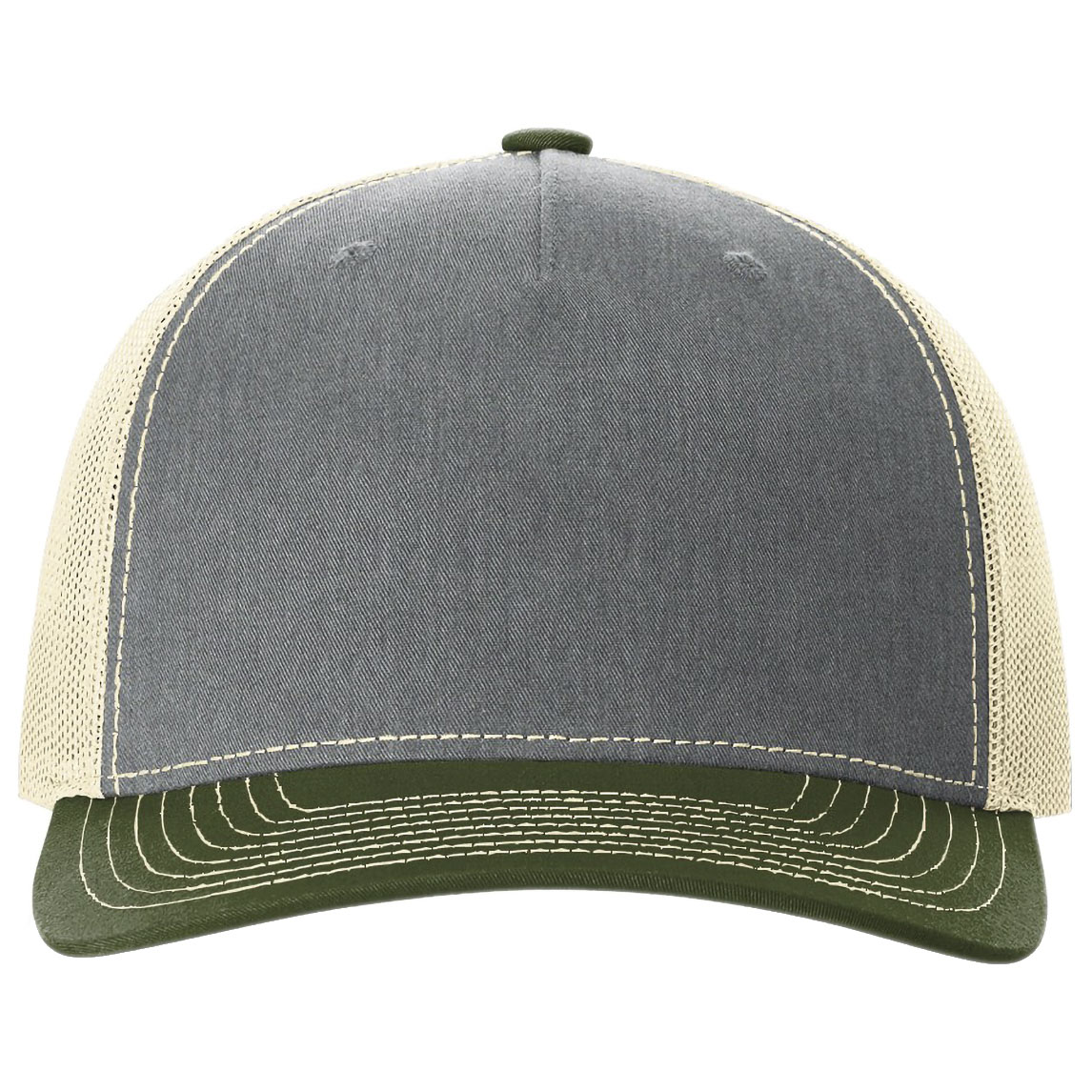 Richardson 112FP Five-Panel Trucker Cap - Heather Grey/Birch/Army Olive