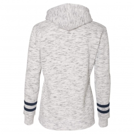 J. America 8674 Women's Melange Fleece Striped-Sleeve Hooded Sweatshirt - White/Navy