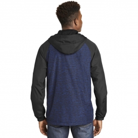 Sport-Tek JST40 Heather Colorblock Raglan Hooded Wind Jacket - True Royal Heather/Black