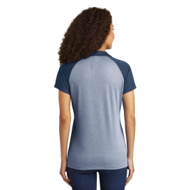 Sport-Tek LST641 Ladies PosiCharge RacerMesh Raglan Heather Block Polo - True Navy Heather/True Navy