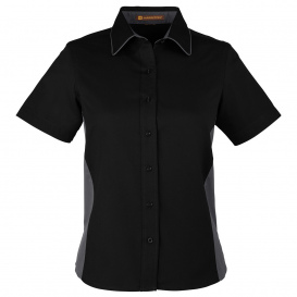 Harriton M586W Ladies Flash IL Colorblock Short-Sleeve Shirt - Black/Dark Charcoal
