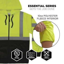 Ergodyne GloWear 8312BK Type R Class 3 Essential Black Bottom Zipper Hooded Sweatshirt - Lime