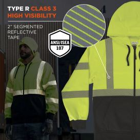 Ergodyne GloWear 8318BK Type R Class 3 Performance Black Bottom Zipper Hooded Sweatshirt - Lime