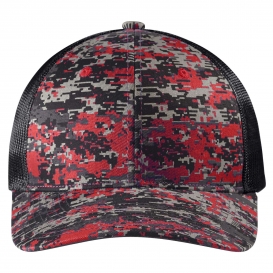 Port Authority C114 Digi Camo Snapback Trucker Cap - Flame Red Digi/Grey Steel