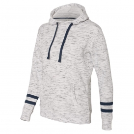 J. America 8674 Women's Melange Fleece Striped-Sleeve Hooded Sweatshirt - White/Navy