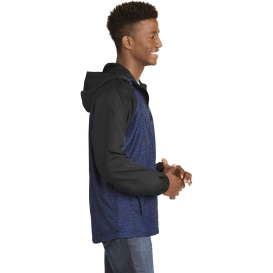 Sport-Tek JST40 Heather Colorblock Raglan Hooded Wind Jacket - True Royal Heather/Black