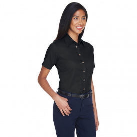 Harriton M500SW Ladies Easy Blend Short Sleeve Twill Shirt with Stain Release - Black