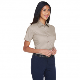 Harriton M500SW Ladies Easy Blend Short Sleeve Twill Shirt with Stain Release - Stone