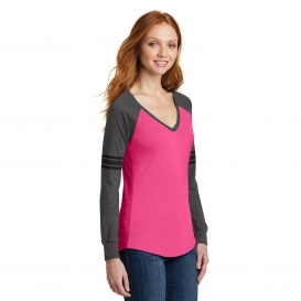 District DM477 Women\'s Game Long Sleeve V-Neck Tee - Heathered Dark Fuchsia/Heathered Charcoal/Black