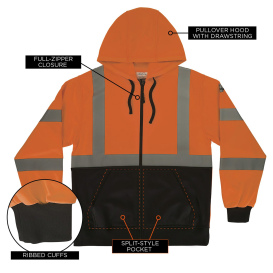 Ergodyne GloWear 8312BK Type R Class 3 Essential Black Bottom Zipper Hooded Sweatshirt - Orange