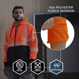 Ergodyne GloWear 8318BK Type R Class 3 Performance Black Bottom Zipper Hooded Sweatshirt - Orange