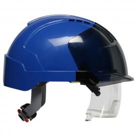 JSP 280-EVLV EVO VISTAlens Vented Cap Style Hard Hat With Eye Protection - 6-Point Ratchet Suspension - Blue/Smoke