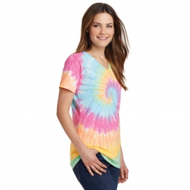 Port & Company LPC147V Ladies Tie-Dye V-Neck Tee - Pastel Rainbow ...