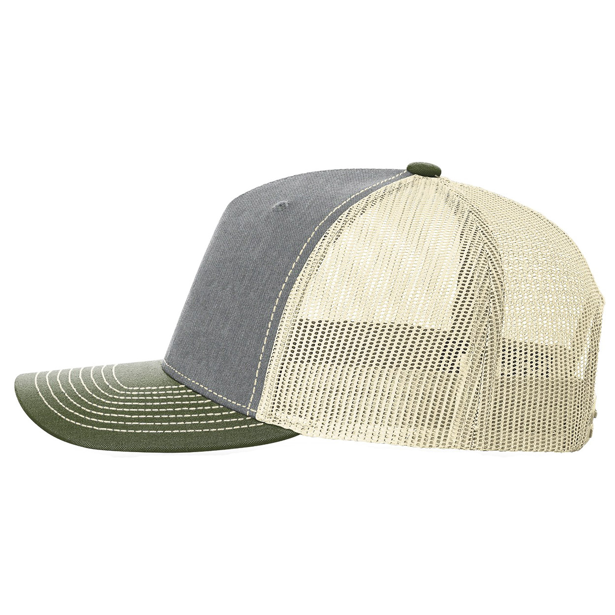 Richardson 112FP Five-Panel Trucker Cap - Heather Grey/Birch/Army Olive