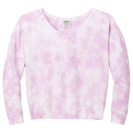 Port & Company LPC140V Ladies Beach Wash Cloud Tie-Dye V-Neck Sweatshirt - Cerise Pink