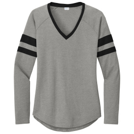 Sport-Tek LST6043 Ladies Halftime Stripe Long Sleeve V-Neck Tee - Black/Vintage Heather