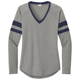 Sport-Tek LST6043 Ladies Halftime Stripe Long Sleeve V-Neck Tee - True Navy/Vintage Heather