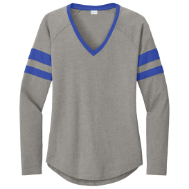 Sport-Tek LST6043 Ladies Halftime Stripe Long Sleeve V-Neck Tee - True Royal/Vintage Heather